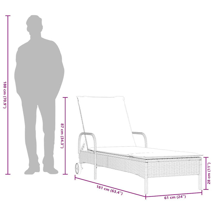 liggestol med hjul og hynder grå polyrattan