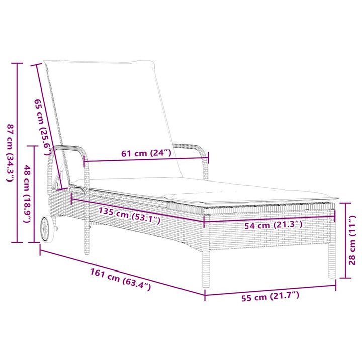 liggestol med hjul og hynder sort polyrattan