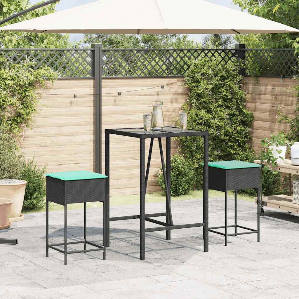 havebarstole med hynder 2 stk. sort polyrattan