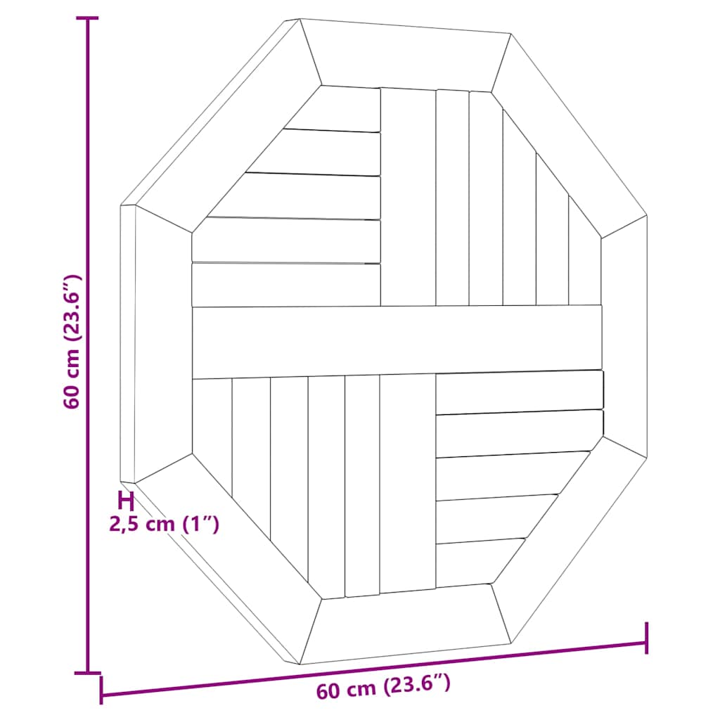 bordplade 60x60x2,5 cm ottekantet massivt teaktræ