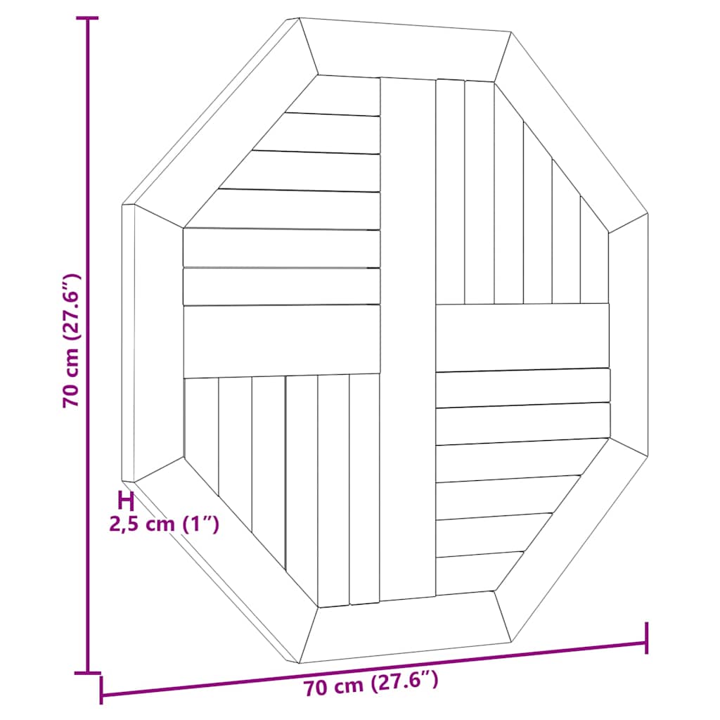 bordplade 70x70x2,5 cm ottekantet massivt teaktræ