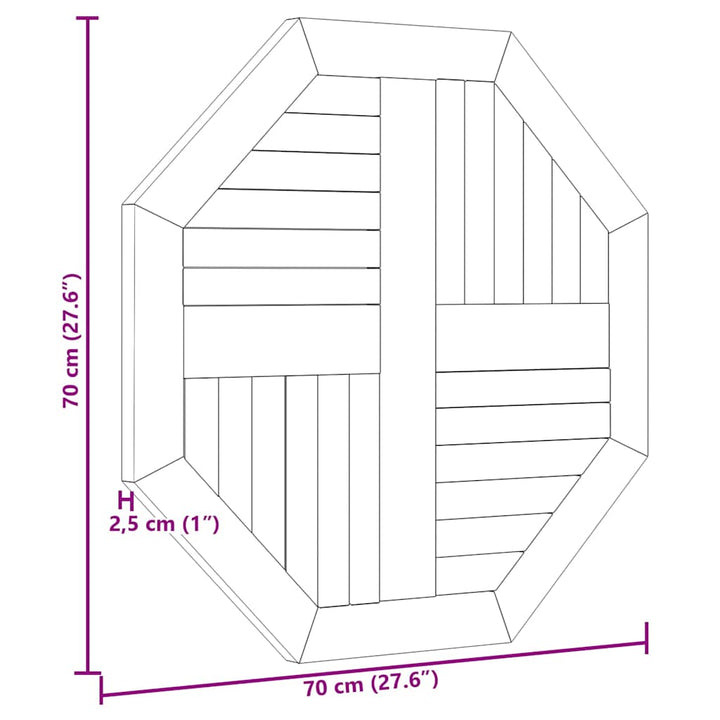 bordplade 70x70x2,5 cm ottekantet massivt teaktræ