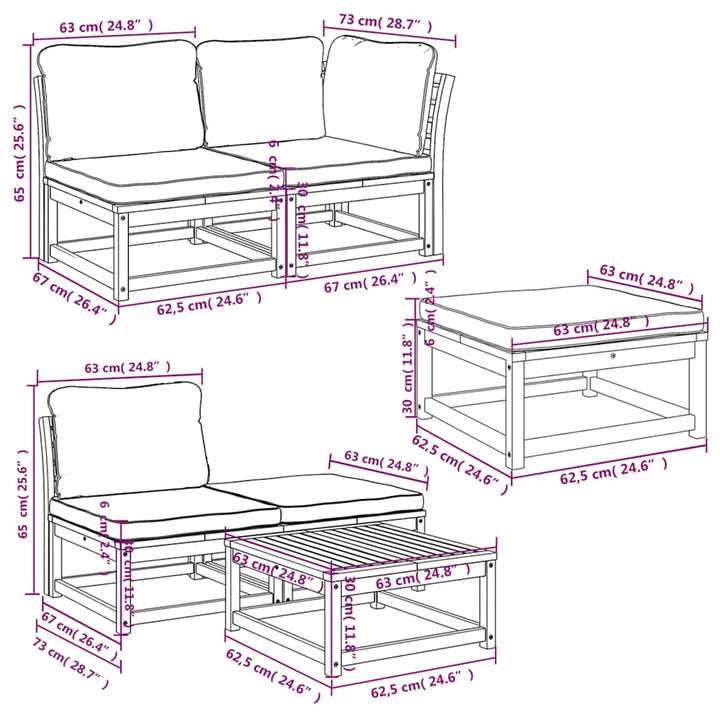 loungesæt til haven 6 dele med hynder massivt akacietræ