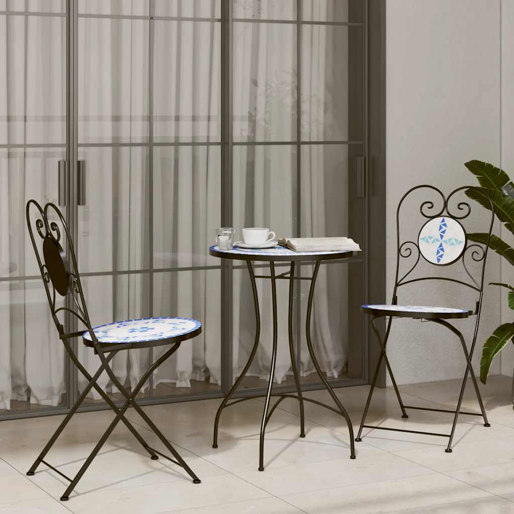 bistrosæt med mosaikdesign jern og keramik blå og hvid