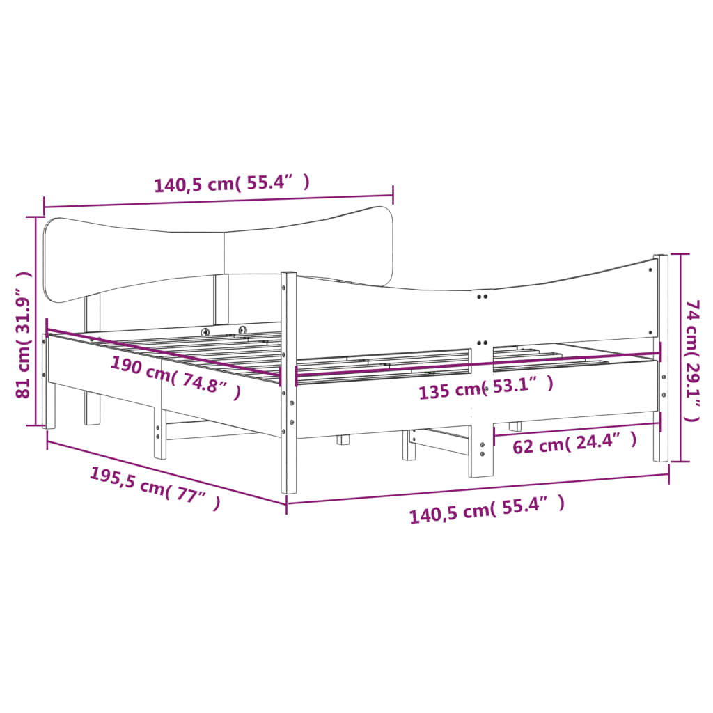 sengeramme uden madras 135x190 cm massivt fyrretræ hvid