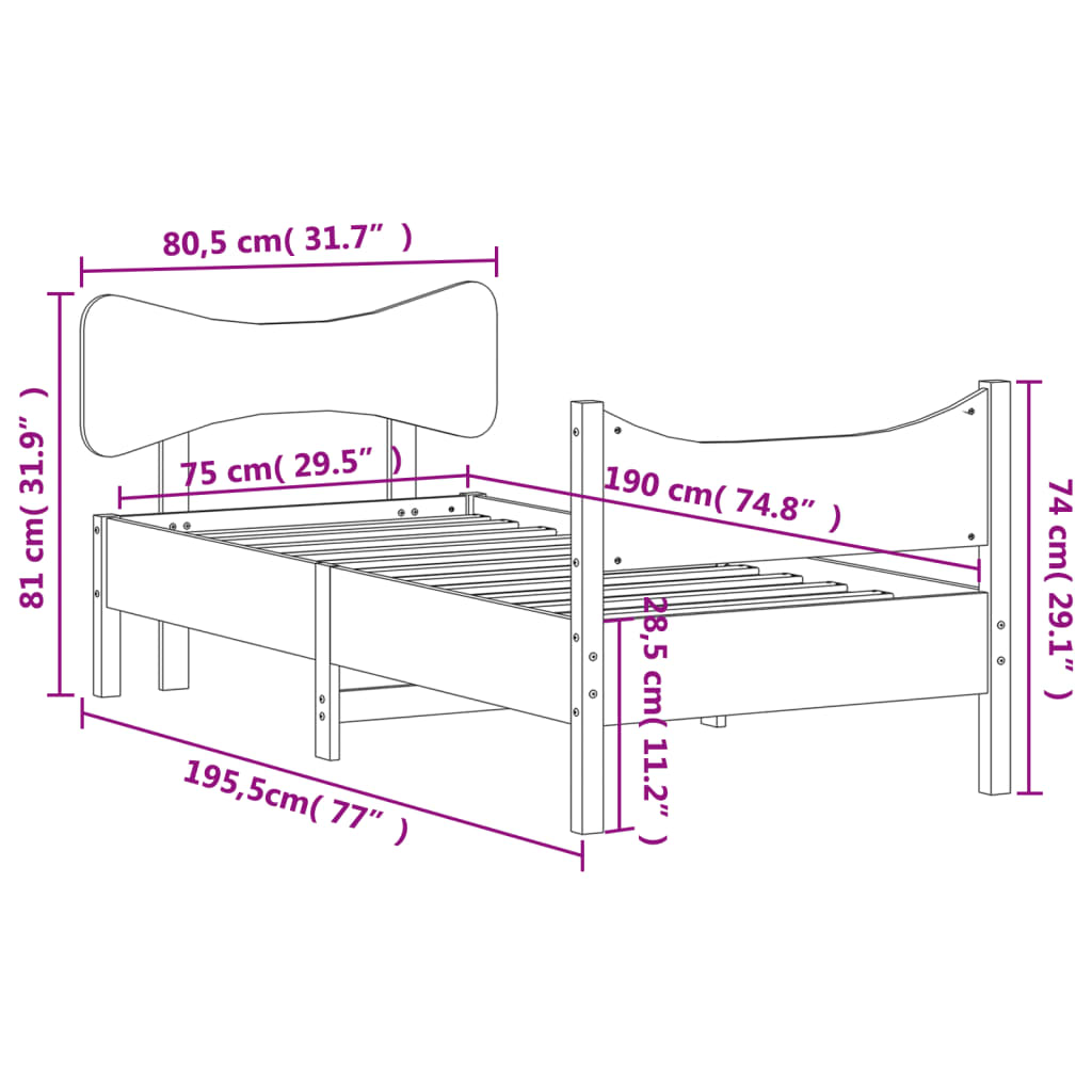 sengeramme uden madras 75x190 cm massivt fyrretræ