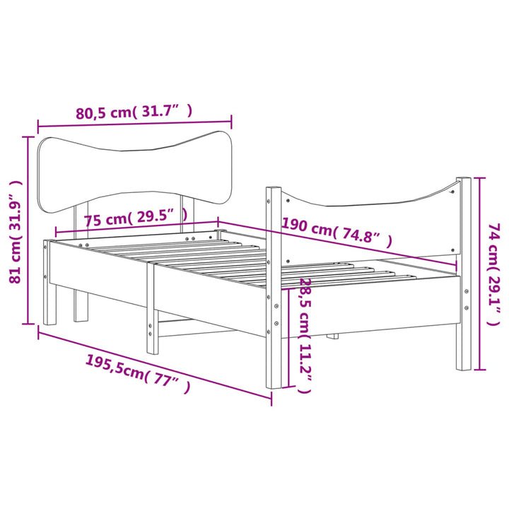 sengeramme uden madras 75x190 cm massivt fyrretræ