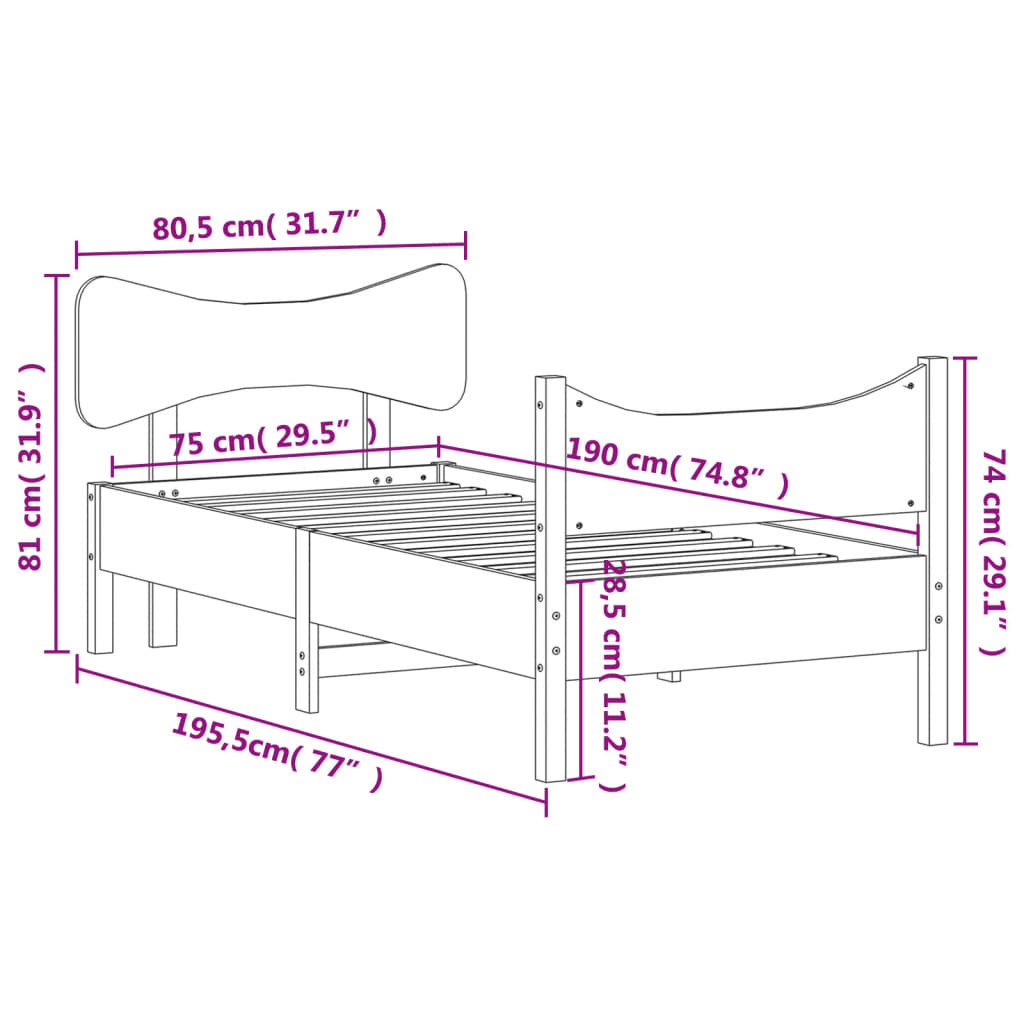 sengeramme uden madras 75x190 cm massivt fyrretræ gyldenbrun