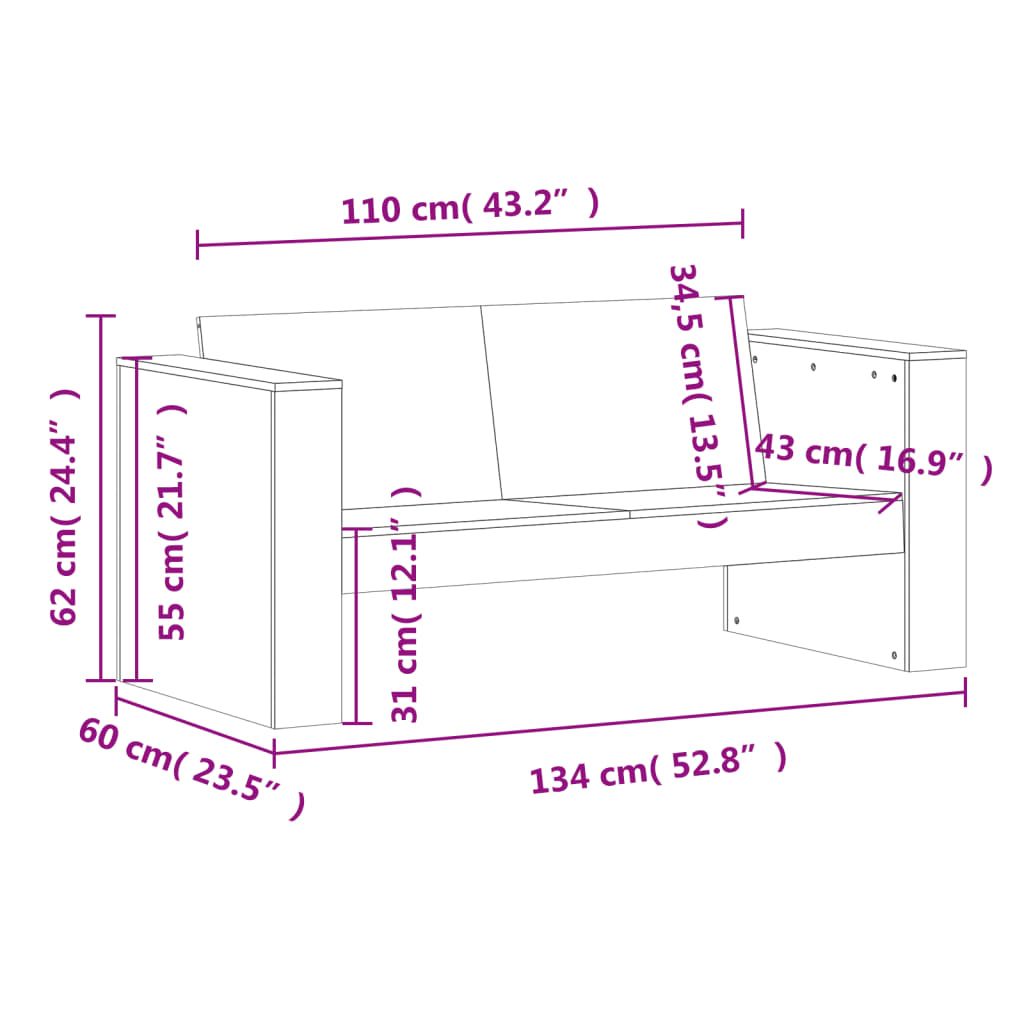 2-personers havesofa 134x60x62 cm massivt fyrretræ