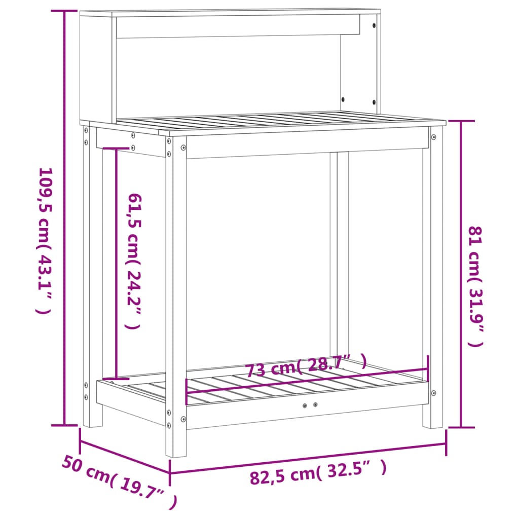 plantebord med hylder 82,5x50x109,5 cm massivt fyrretræ hvid