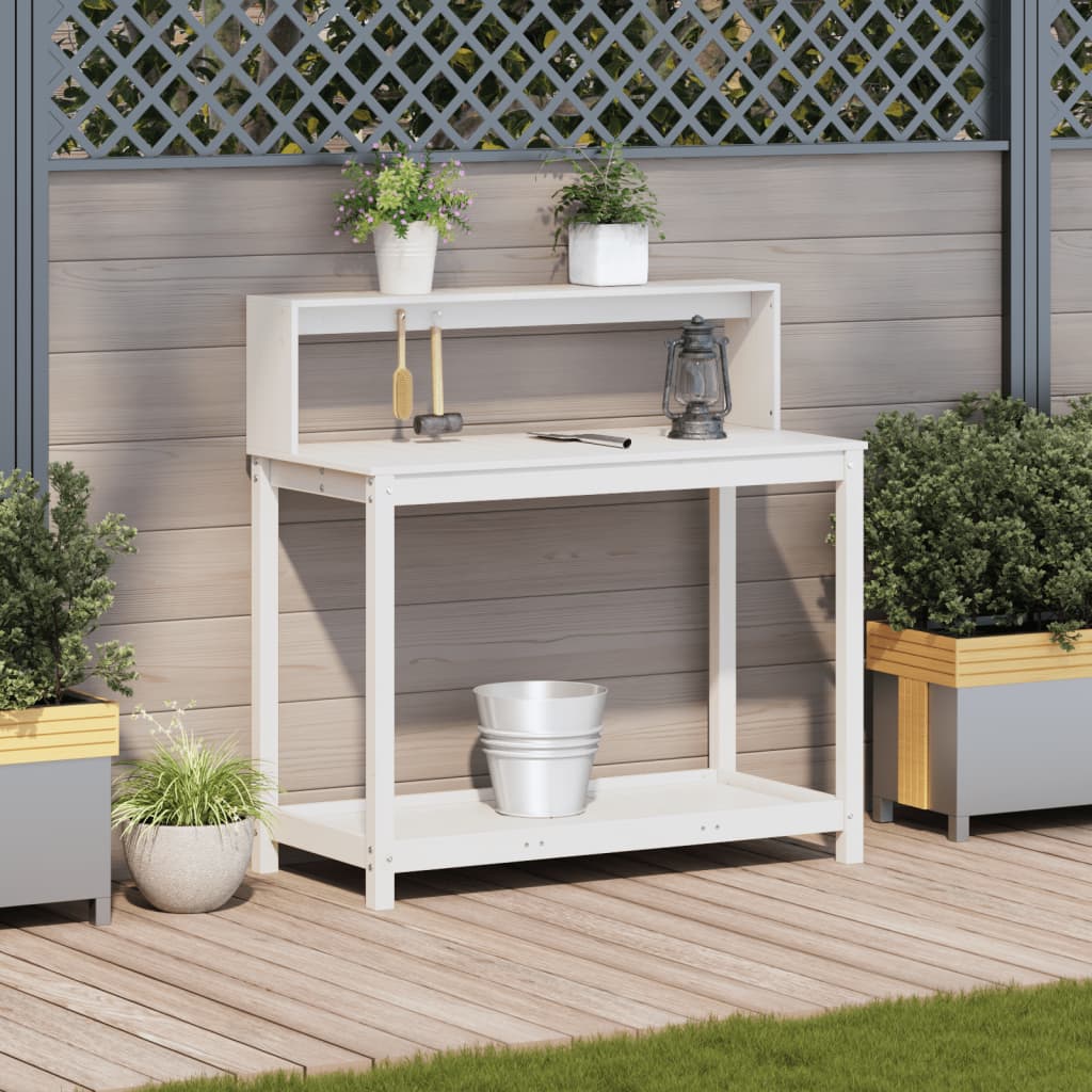 plantebord med hylder 108x50x109,5 cm massivt fyrretræ hvid