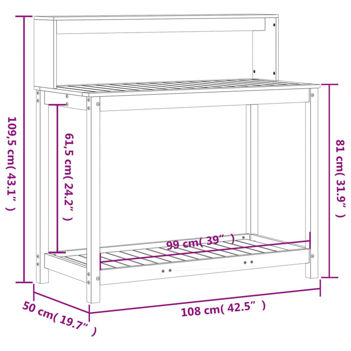 plantebord med hylder 108x50x109,5 cm massivt fyrretræ hvid