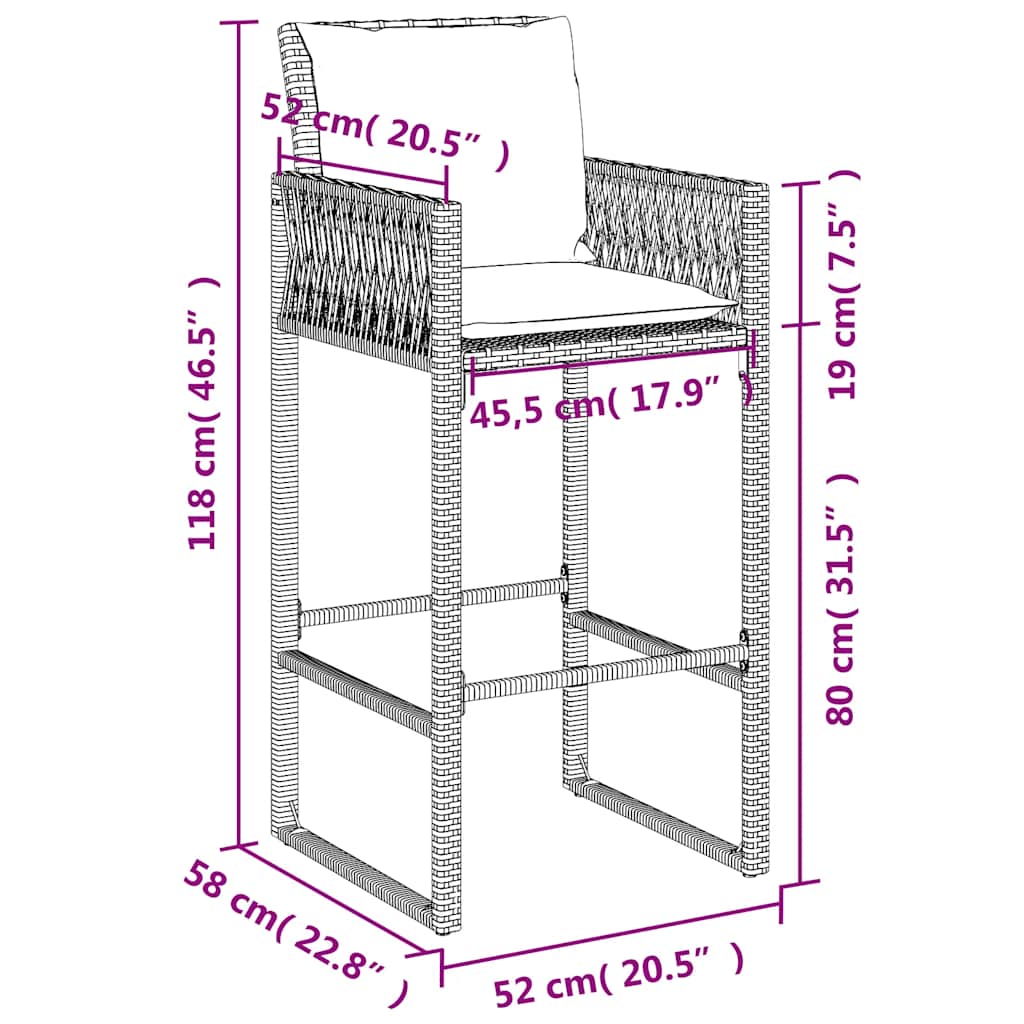 udendørs barstole med hynder 2 stk. polyrattan brun