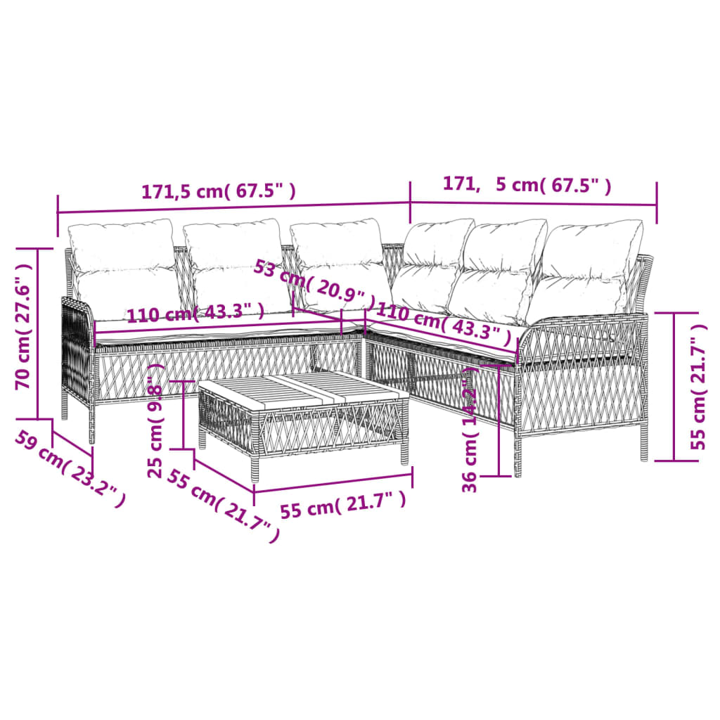 sofasæt 2 dele med hynder polyrattan grå