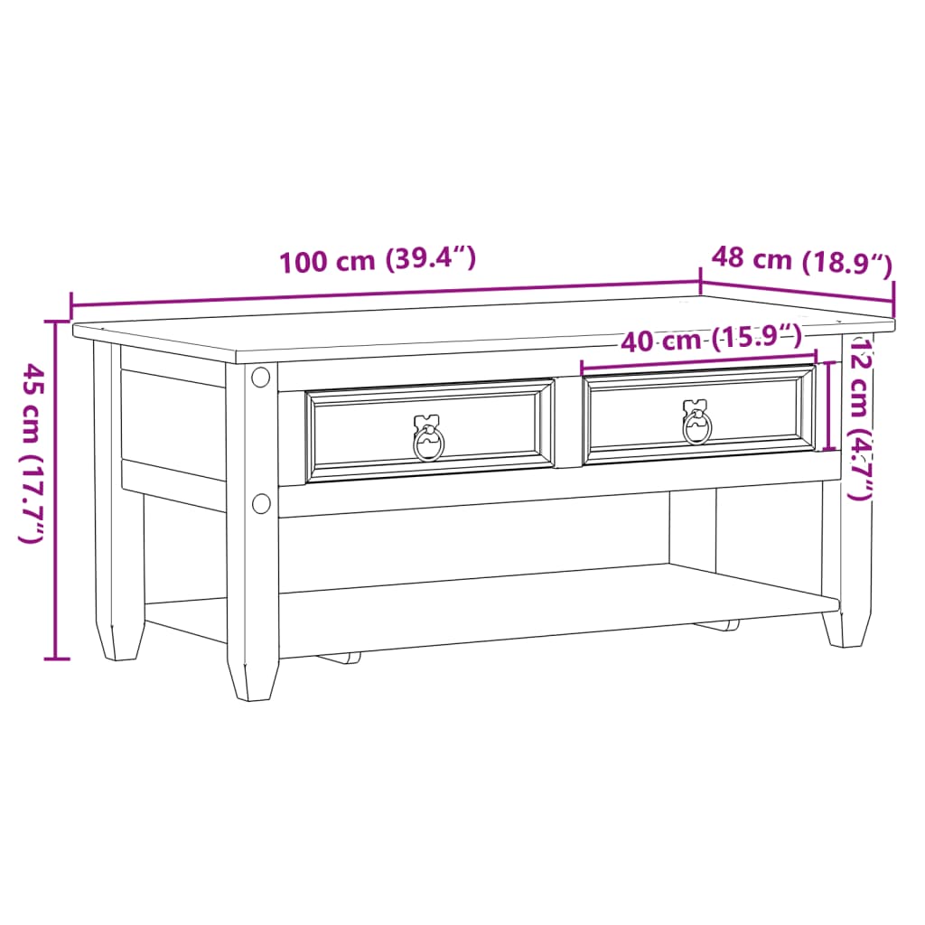 sofabord med skuffer Corona 100x48x45 cm massivt fyrretræ