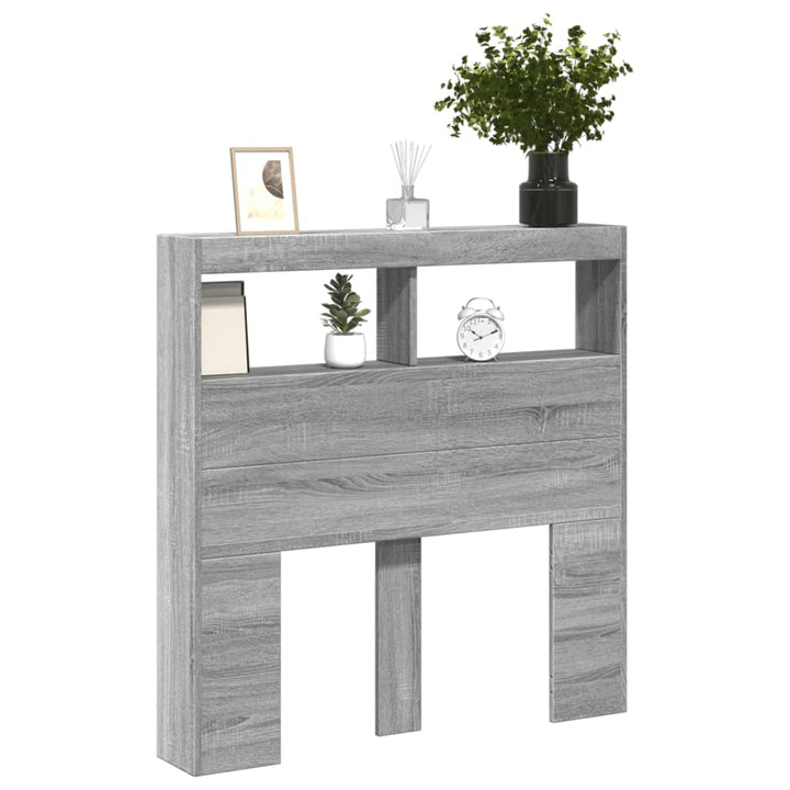 sengegavl med opbevaring og LED-lys 100x17x102 cm grå sonoma-eg