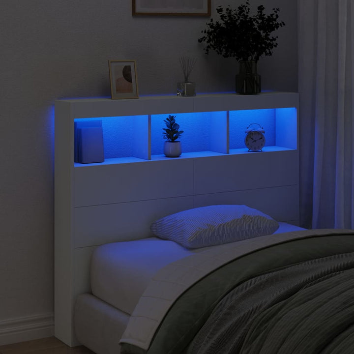 sengegavl med opbevaring og LED-lys 120x17x102 cm hvid