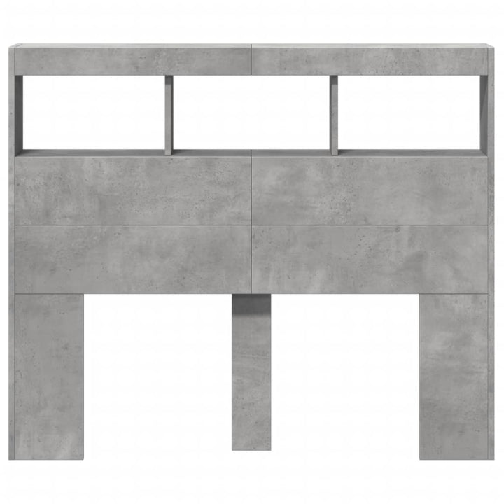 sengegavl med opbevaring og LED-lys 120x17x102 cm betongrå