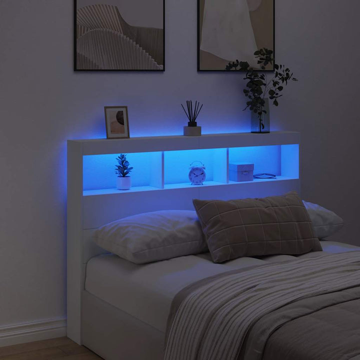 sengegavl med opbevaring og LED-lys 140x17x102 cm hvid