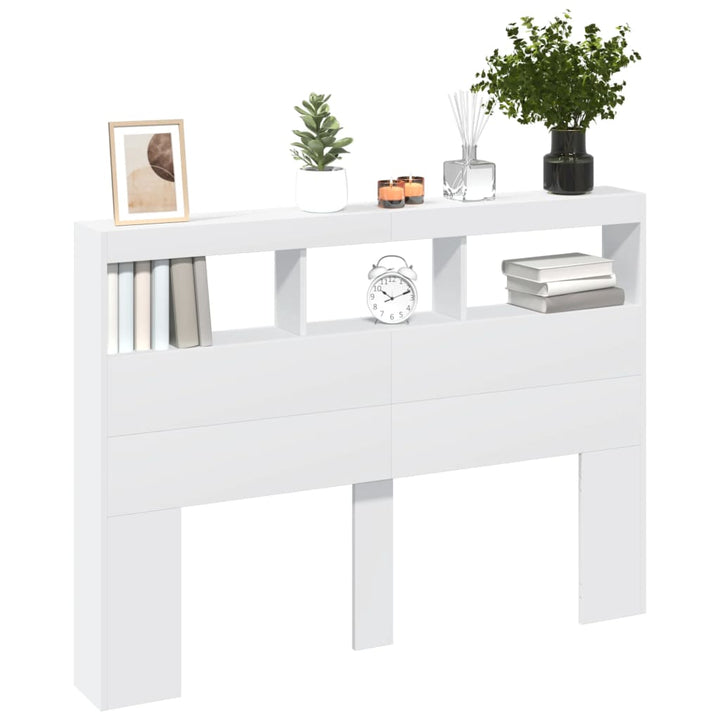 sengegavl med opbevaring og LED-lys 140x17x102 cm hvid