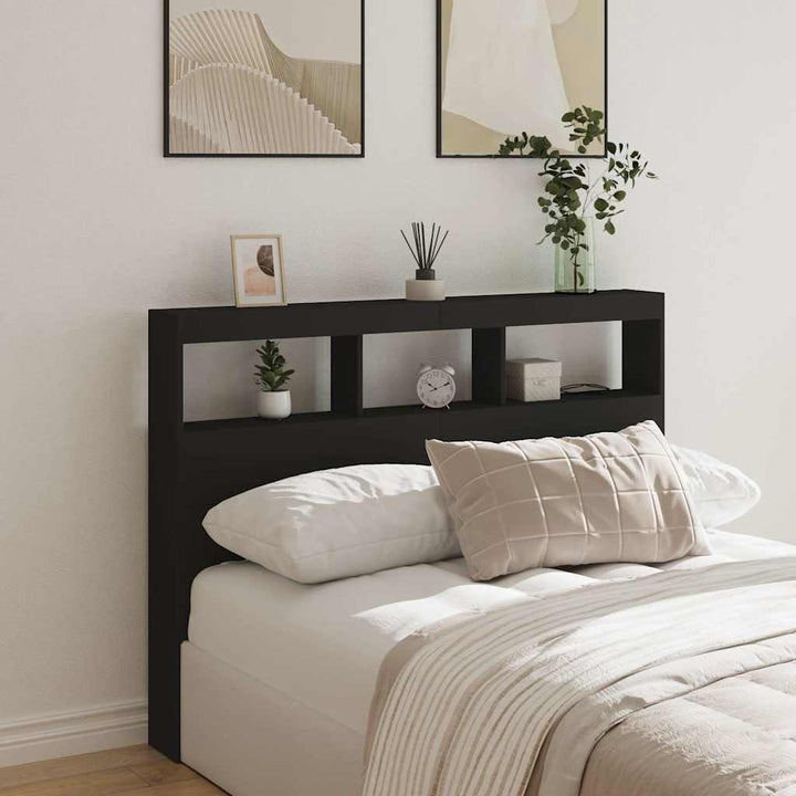 sengegavl med opbevaring og LED-lys 140x17x102 cm sort