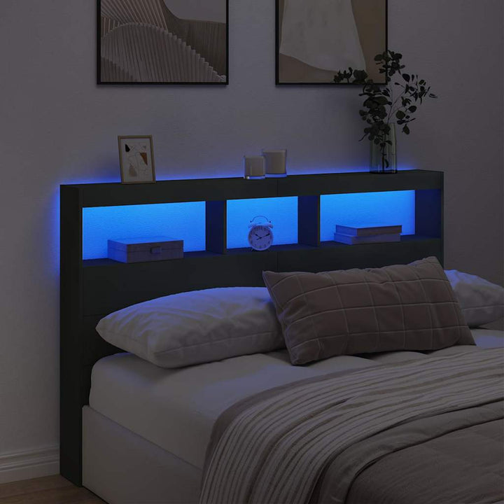 sengegavl med opbevaring og LED-lys 160x17x102 cm sort