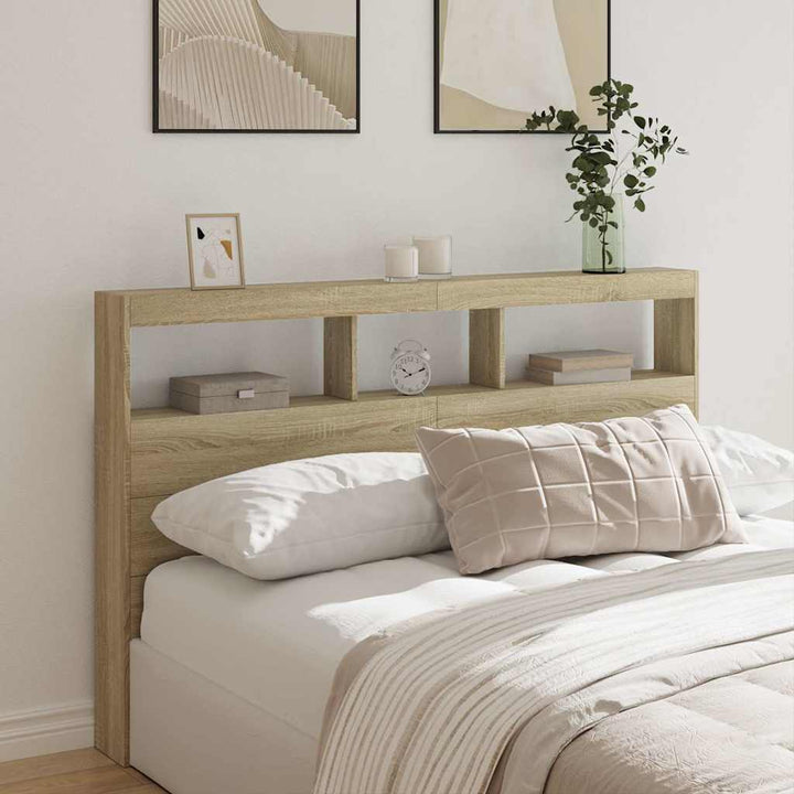 sengegavl med opbevaring og LED-lys 160x17x102 cm sonoma-eg