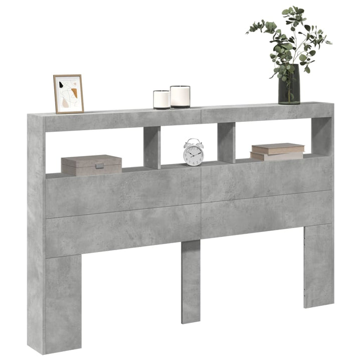 sengegavl med opbevaring og LED-lys 160x17x102 cm betongrå