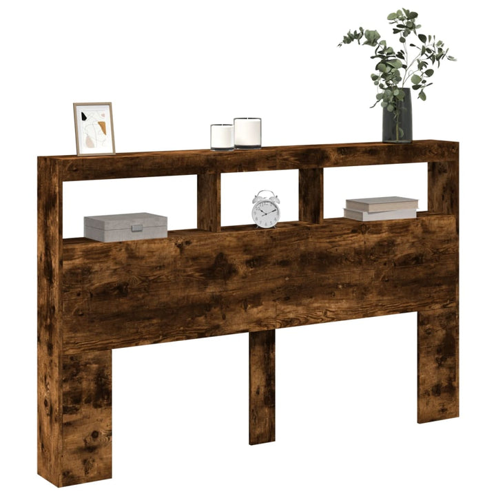 sengegavl med opbevaring og LED-lys 160x17x102 cm røget eg
