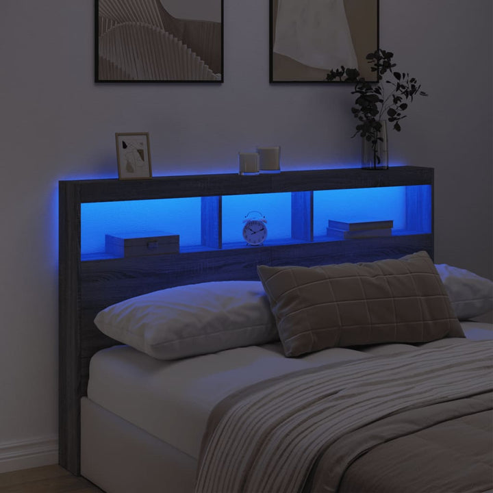 sengegavl med opbevaring og LED-lys 160x17x102 cm grå sonoma-eg