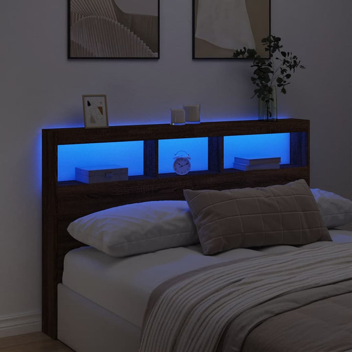 sengegavl med opbevaring og LED-lys 160x17x102 cm brunt eg