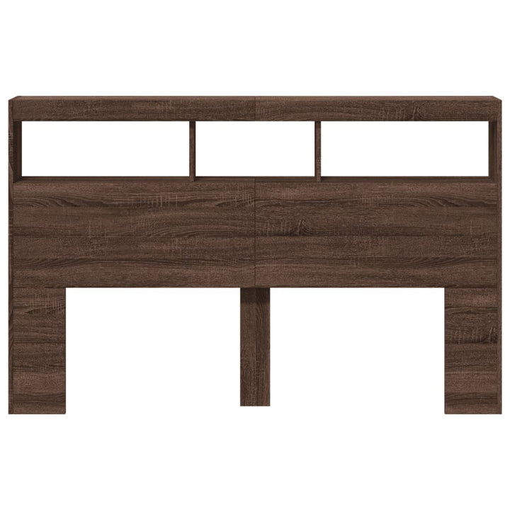 sengegavl med opbevaring og LED-lys 160x17x102 cm brunt eg