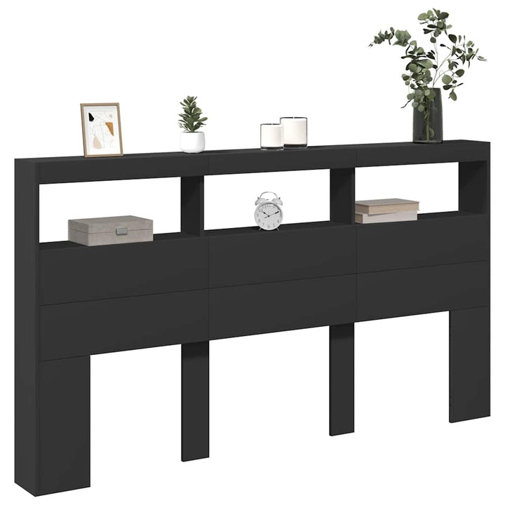 sengegavl med opbevaring og LED-lys 180x17x102 cm sort