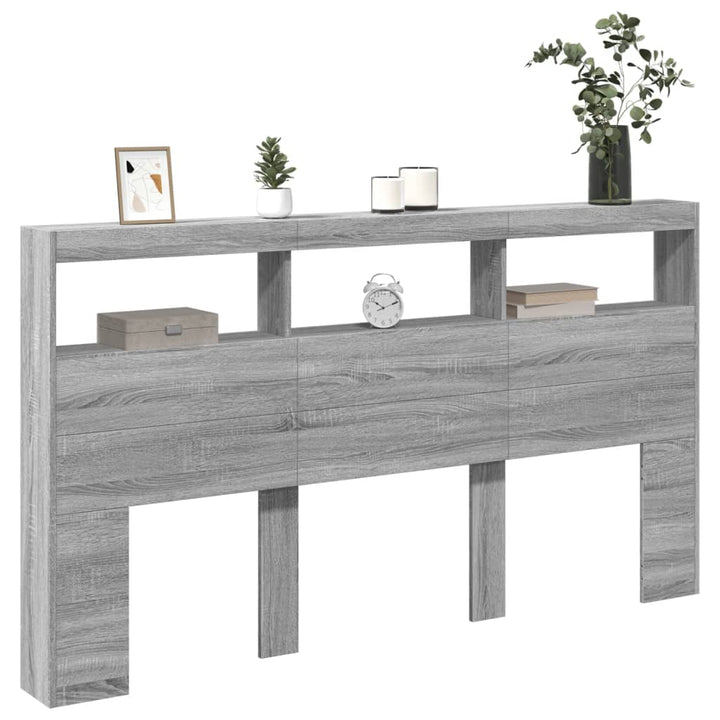 sengegavl med opbevaring og LED-lys 180x17x102 cm grå sonoma-eg