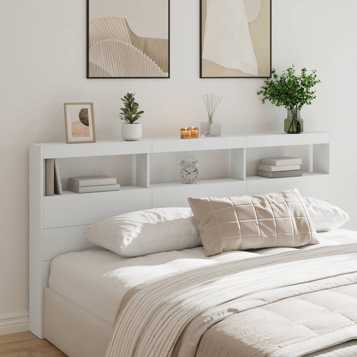sengegavl med opbevaring og LED-lys 200x17x102 cm hvid
