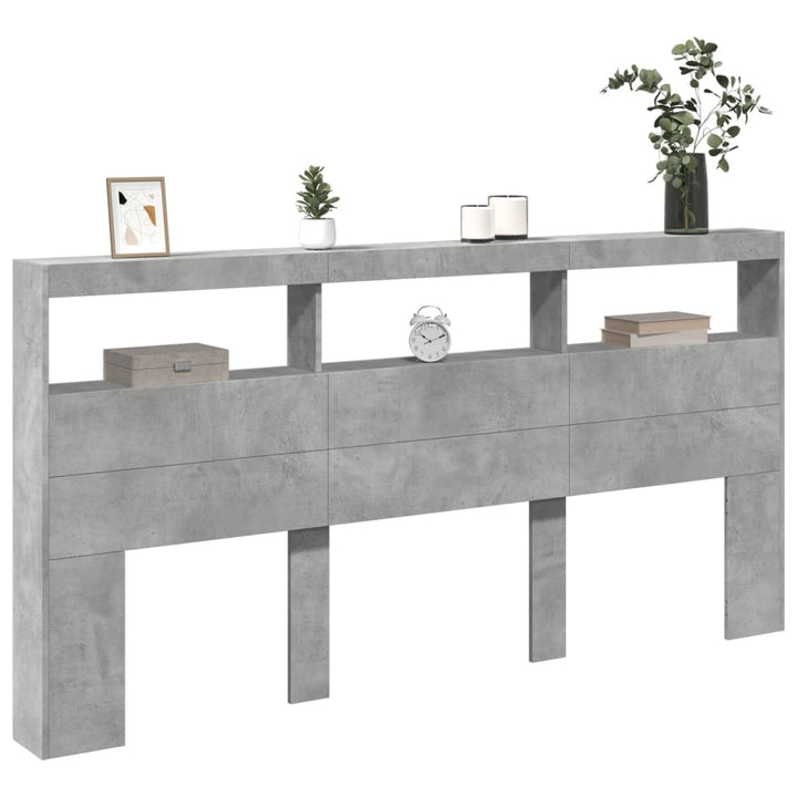 sengegavl med opbevaring og LED-lys 200x17x102 cm betongrå