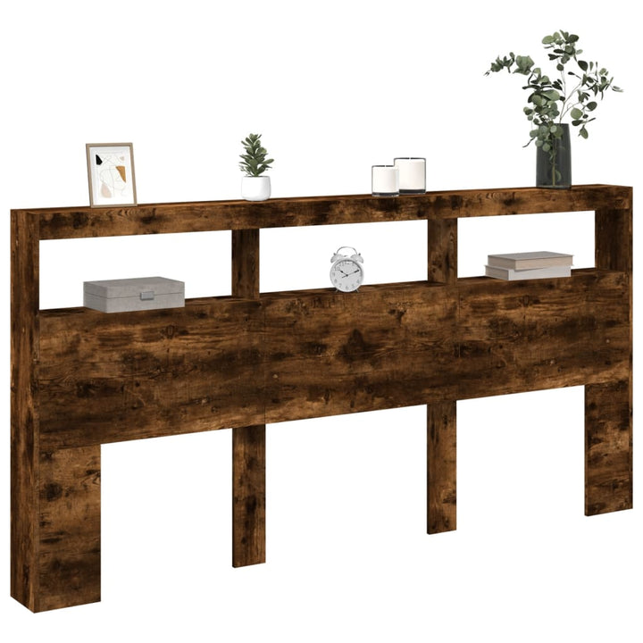 sengegavl med opbevaring og LED-lys 200x17x102 cm røget eg