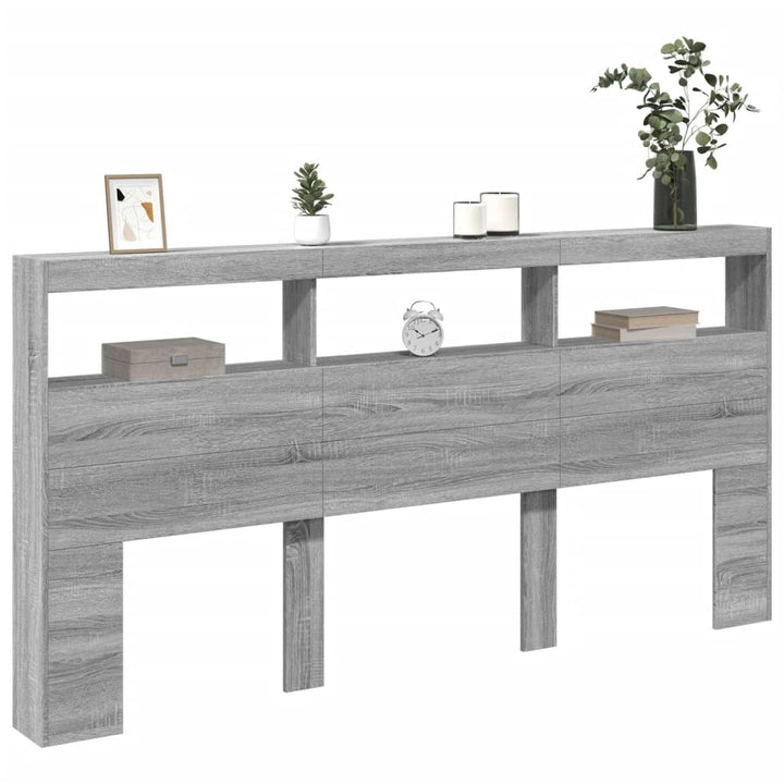 sengegavl med opbevaring og LED-lys 200x17x102 cm grå sonoma-eg
