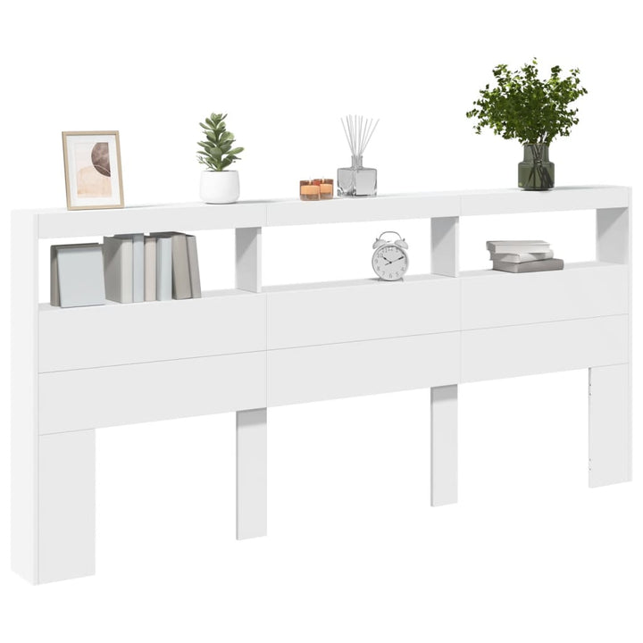 sengegavl med opbevaring og LED-lys 220x17x102 cm hvid