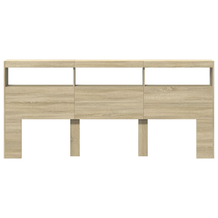 sengegavl med opbevaring og LED-lys 220x17x102 cm sonoma-eg