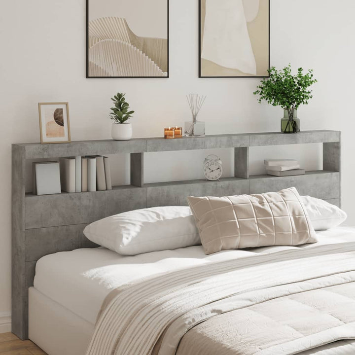 sengegavl med opbevaring og LED-lys 220x17x102 cm betongrå