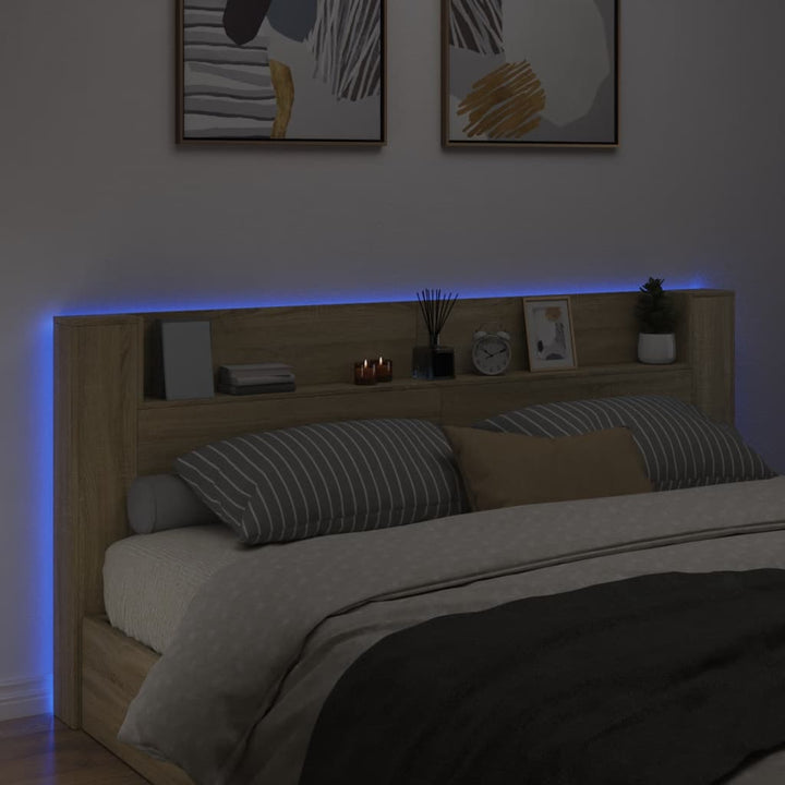 sengegavl med opbevaring og LED-lys 220x16,5x103,5 cm sonoma-eg