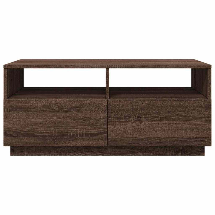 sofabord med LED-lys 90x49x40 cm brun egetræsfarve