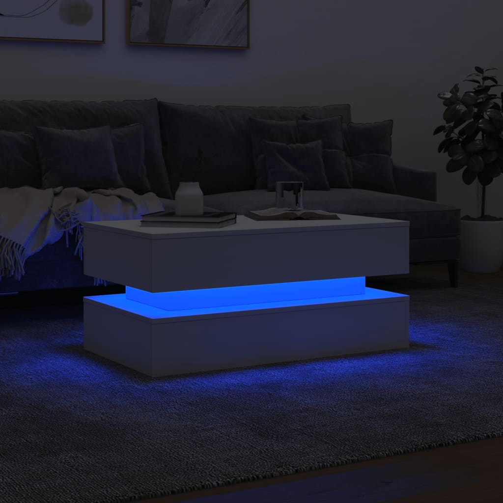 sofabord med LED-lys 90x50x40 cm hvid