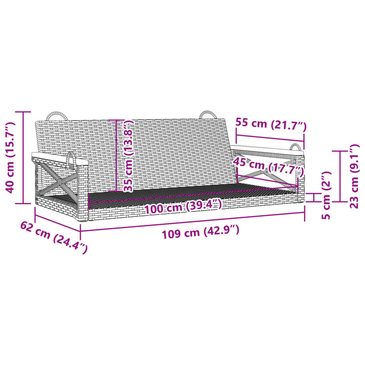 gyngebænk 109x62x40 cm polyrattan grå