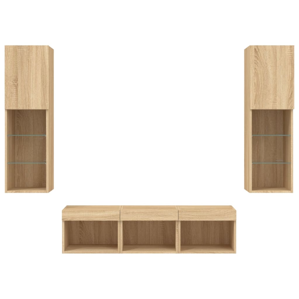 tv-møbel til væg 5 dele med LED-lys konstrueret træ sonoma-eg