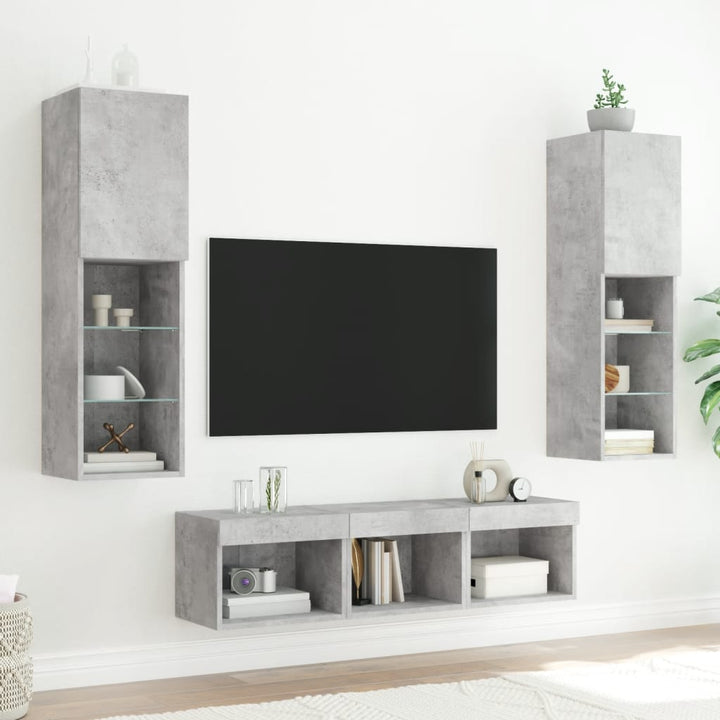 tv-møbel til væg 5 dele med LED-lys konstrueret træ betongrå