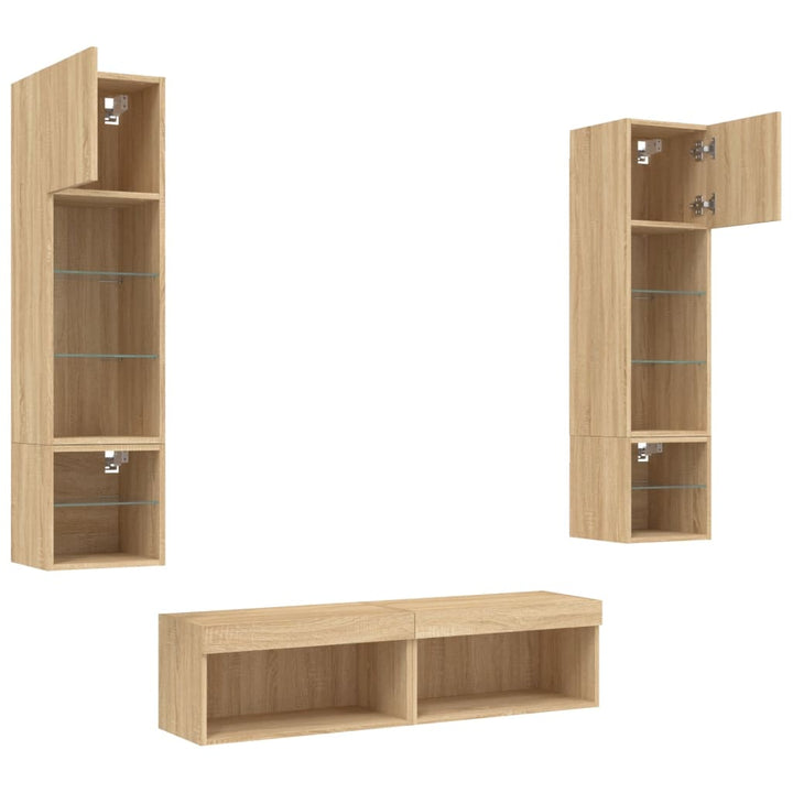 tv-møbel til væg 6 dele med LED-lys konstrueret træ sonoma-eg