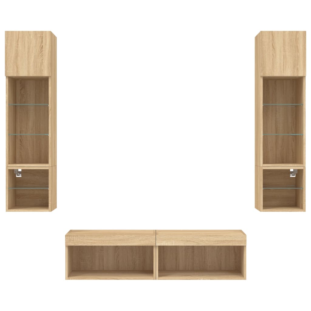 tv-møbel til væg 6 dele med LED-lys konstrueret træ sonoma-eg