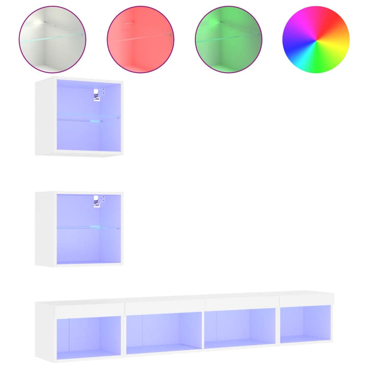 tv-møbel til væg 5 dele med LED-lys konstrueret træ hvid